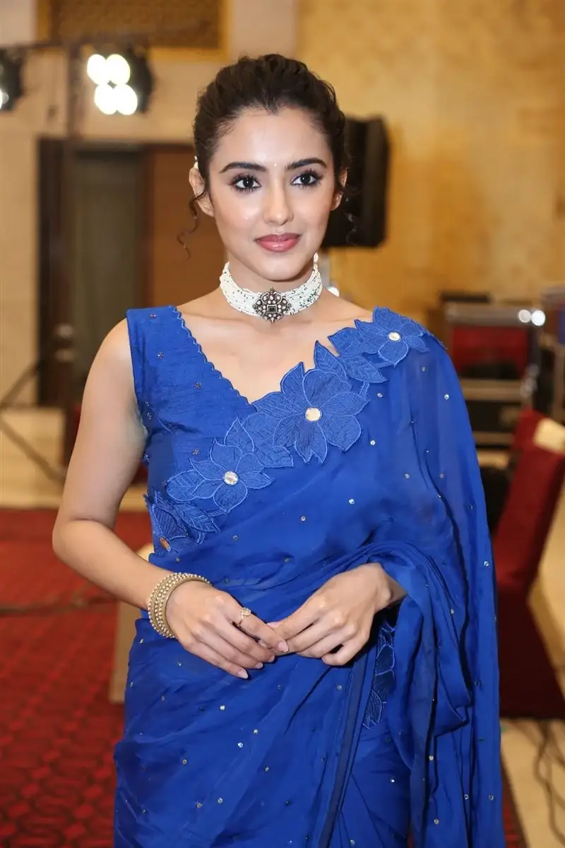 Actress Malvika Sharma in Blue Saree at Bhimaa Movie Event